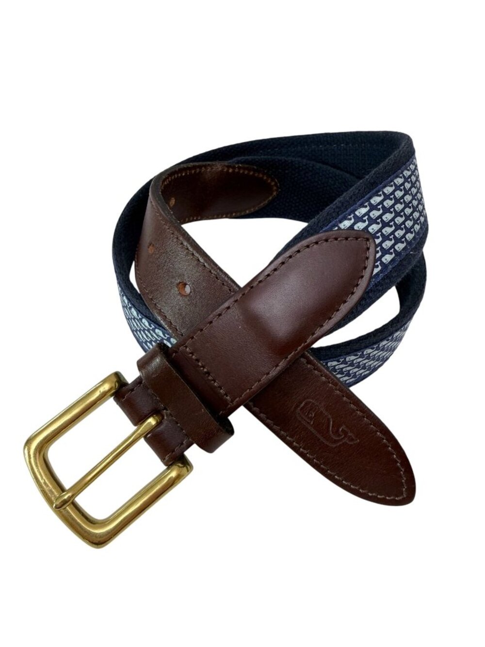Vineyard Vines Mens Belt Size Small  Blue Whale Logo Print Brown Leather